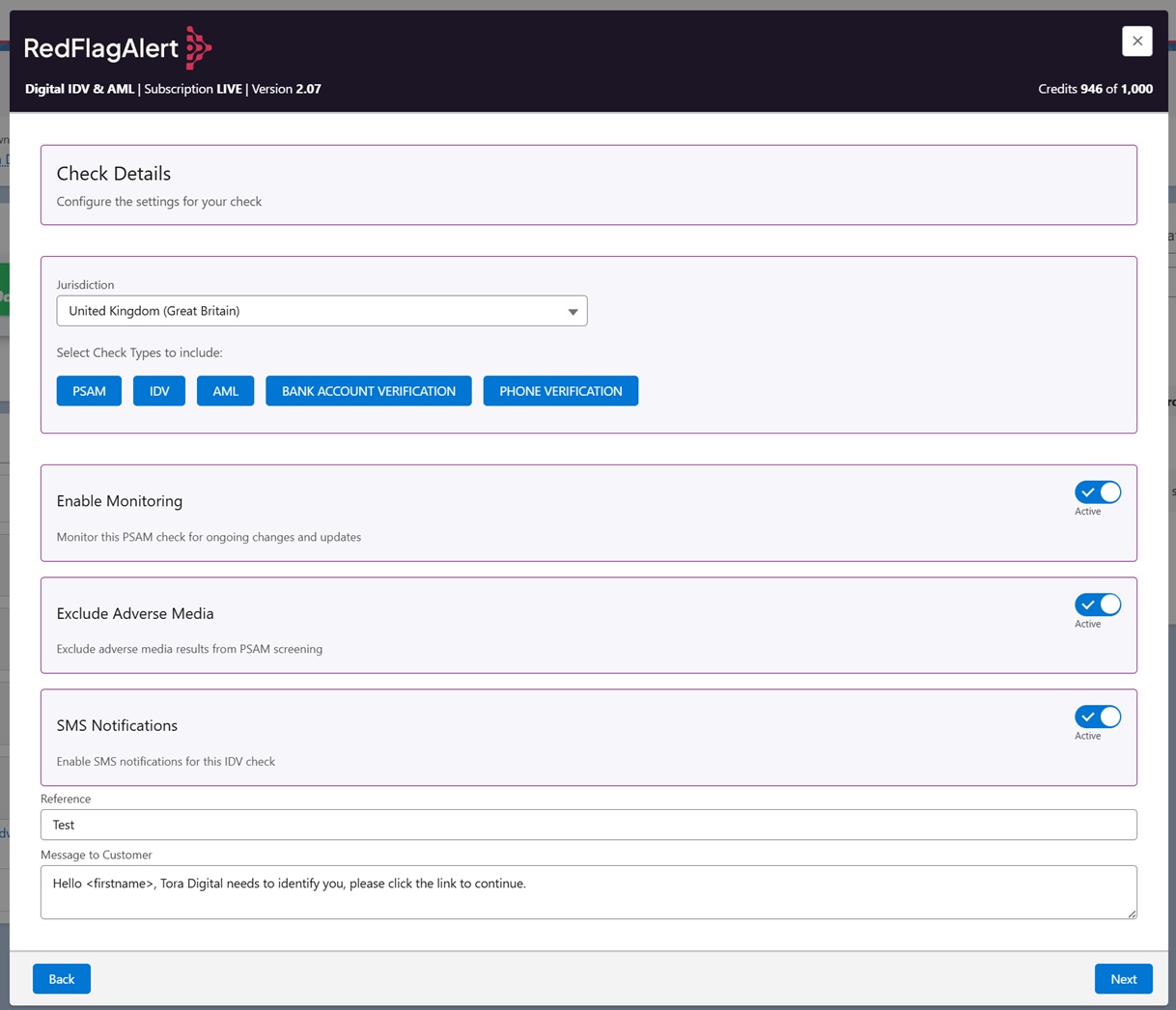 Step 1 — choose jurisdiction, check types and options