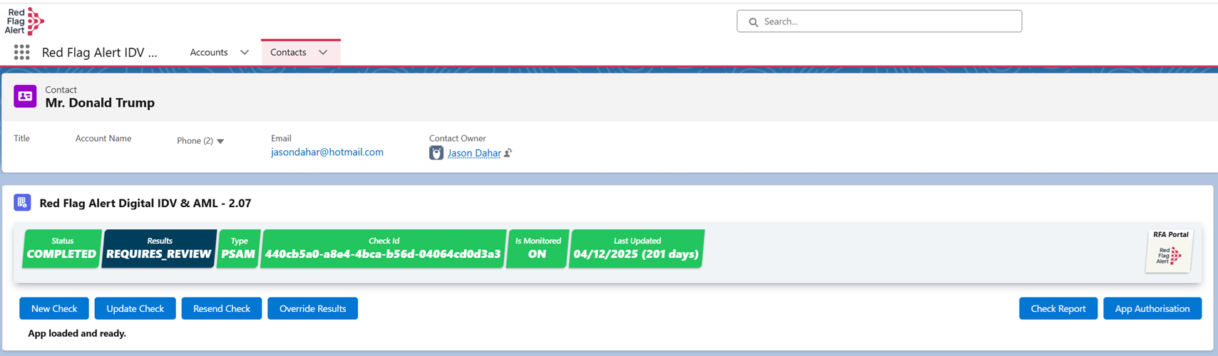 The Red Flag Alert IDV & AML panel on a Salesforce record